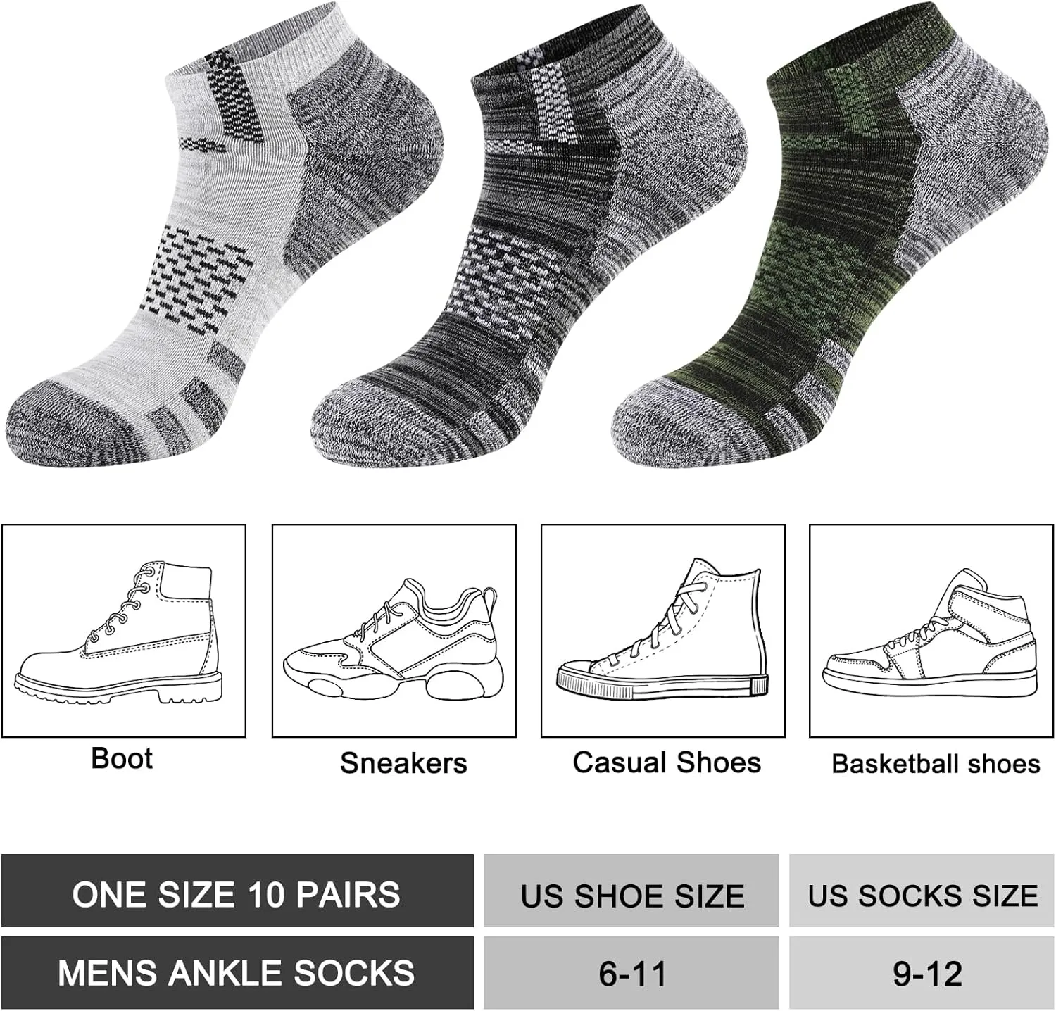 10 Paris Mens Ankle Socks Cushioned Breathable Ahletic Running Casual Low Cut Socks for Men(shoe size 6-11)