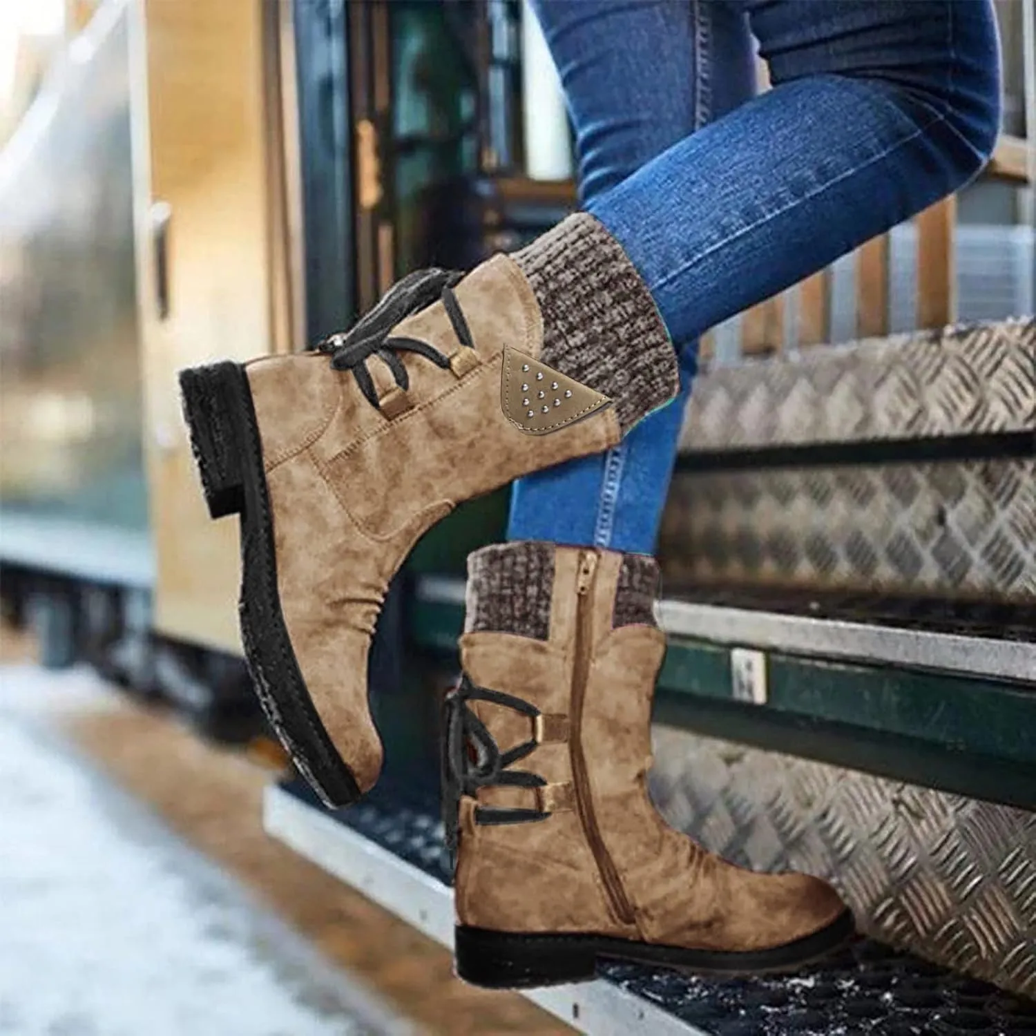 AMDBEL Boots for Women Fashion Dressy, Snow Boots for Women Fur Lined Round Toe Boots Square Heel Outdoor Mid Calf Boots
