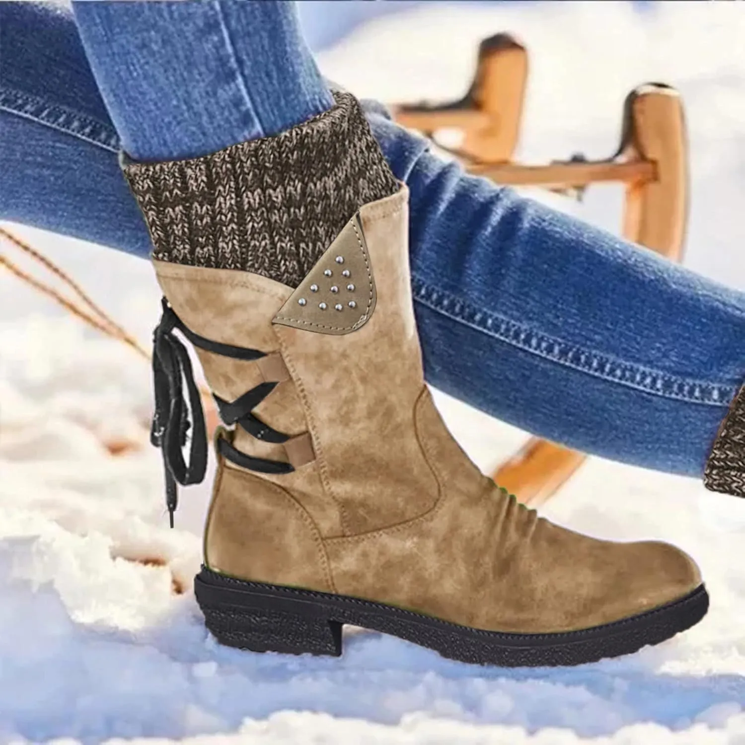 AMDBEL Boots for Women Fashion Dressy, Snow Boots for Women Fur Lined Round Toe Boots Square Heel Outdoor Mid Calf Boots