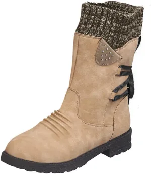AMDBEL Boots for Women Fashion Dressy, Snow Boots for Women Fur Lined Round Toe Boots Square Heel Outdoor Mid Calf Boots
