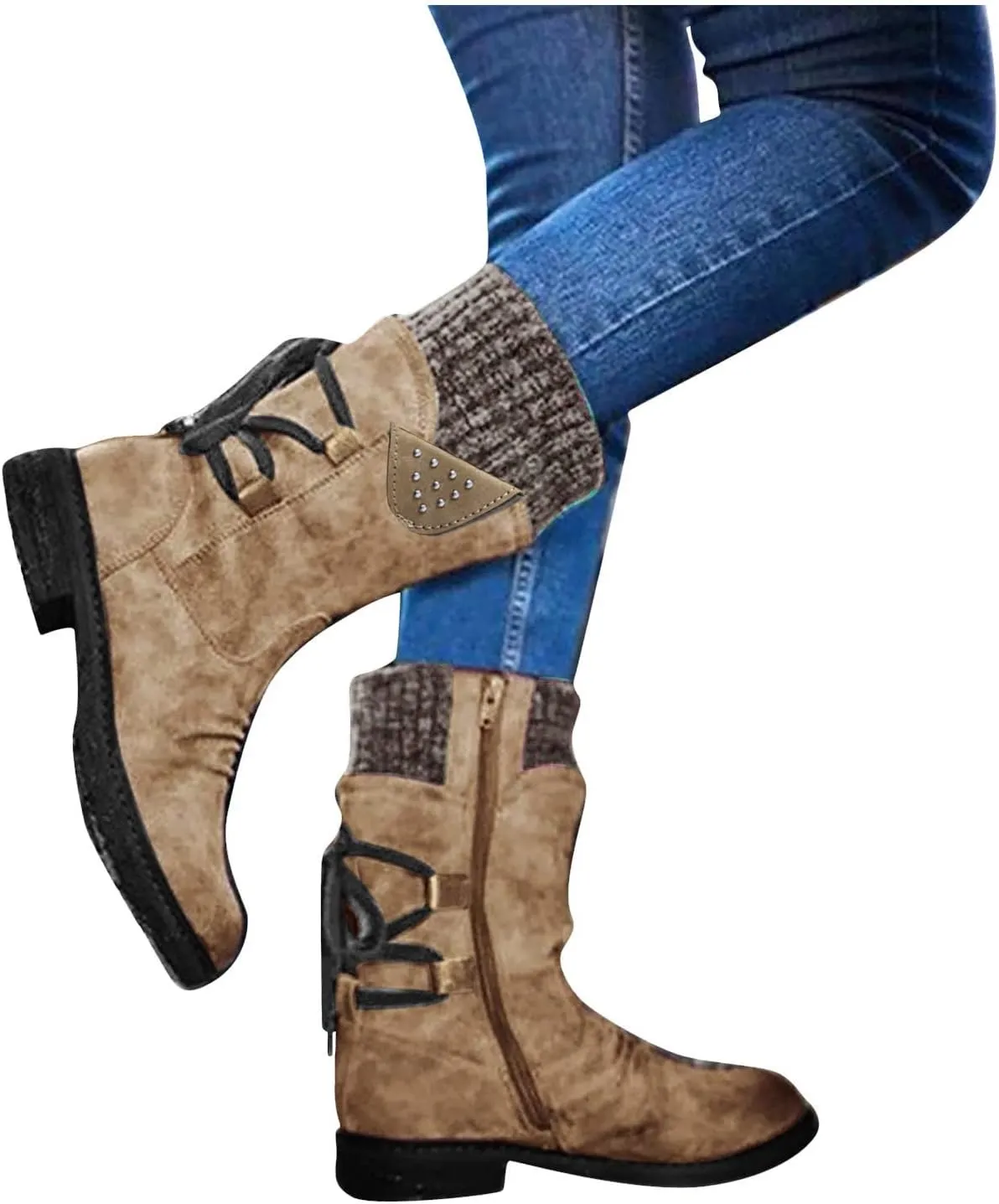 AMDBEL Boots for Women Fashion Dressy, Snow Boots for Women Fur Lined Round Toe Boots Square Heel Outdoor Mid Calf Boots