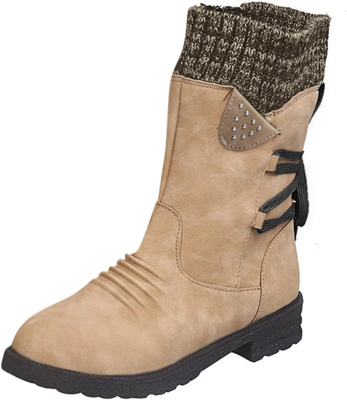 AMDBEL Boots for Women Fashion Dressy, Snow Boots for Women Fur Lined Round Toe Boots Square Heel Outdoor Mid Calf Boots
