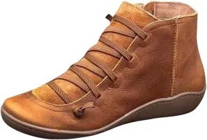 Ankle Boots for Women No Heel,2019 New Arch Support Booties Side Zip-up Vintage Leather Damping Shoes Flat Heel Booties