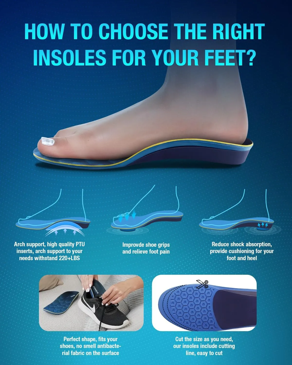 Arch Support Shoe Inserts, Hollow Structural Shock Absorbing, Orthotics Cushioning Shoe Insoles for Relieve Plantar Fasciitis, Achilles Tendonitis, Flat Feet, High Arch (XS)