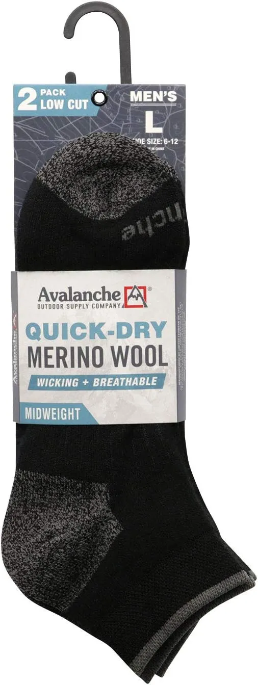 Avalanche Men's Quick Drying Merino Wool Blend Low Cut Socks With Arch Support 2-Pack