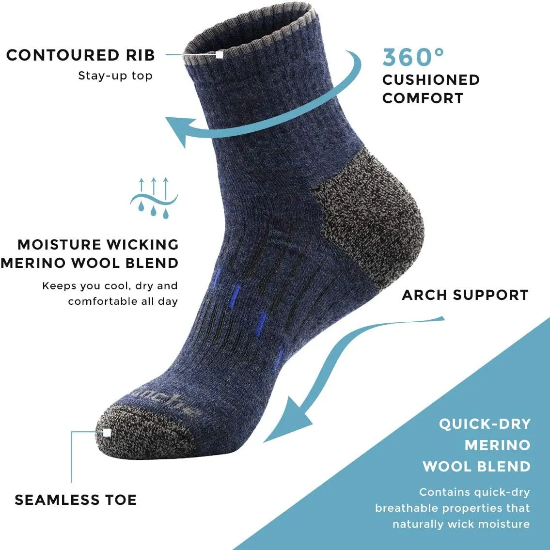Avalanche Men's Quick Drying Merino Wool Blend Low Cut Socks With Arch Support 2-Pack
