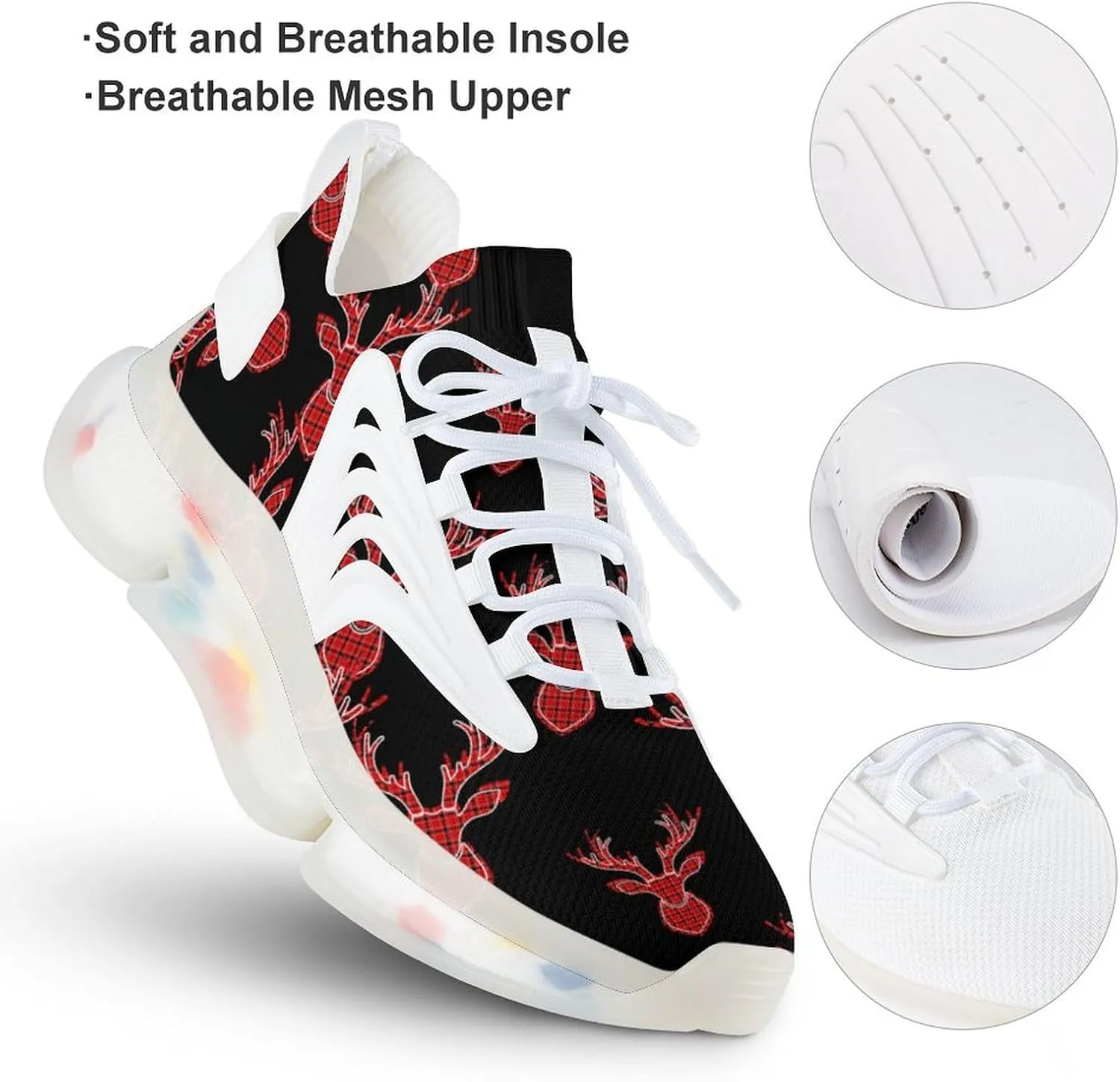 Buffalo Plaid Deer Head Men's Running Shoes Lightweight Walking Shoe Breathable Sneaker