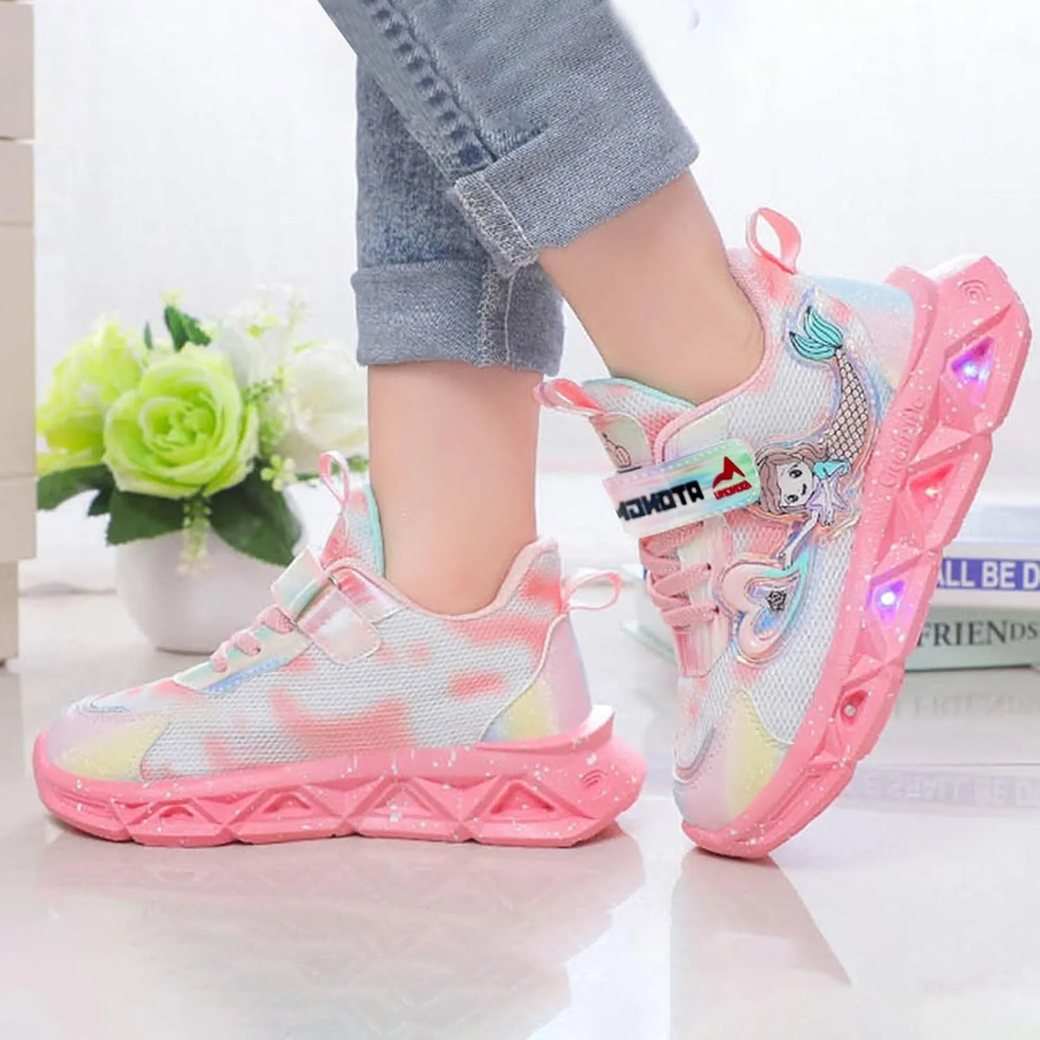 Cathalem Girls Sneakers Casual Shoes LED Light Up Sneakers Mermaid Princess Shoes Baby Toddler Athletic Jogging Shoes