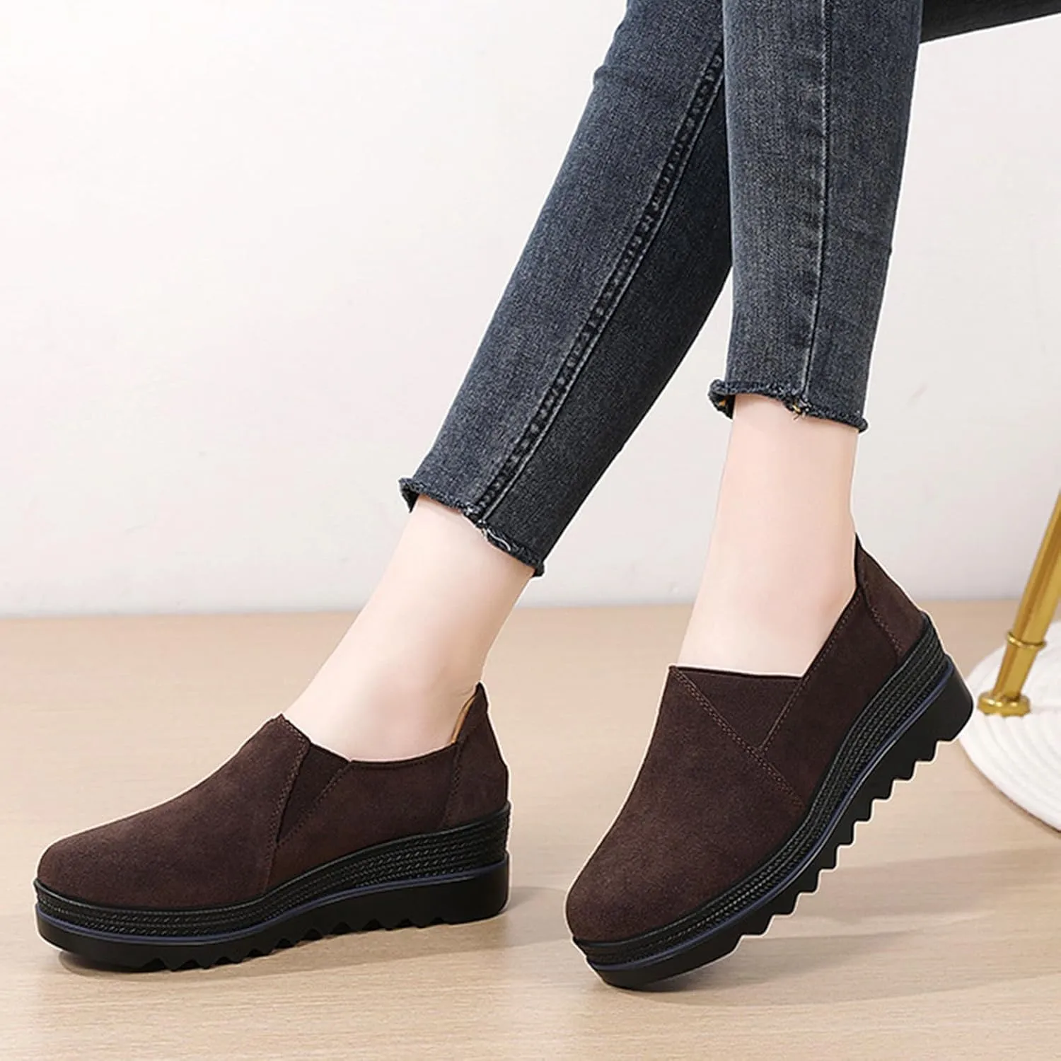 EnllerviiD Women's Platform Loafers Slip-On Comfortable Suede Moccasins Wedge Penny Loafers Thick Soft Platform Lightweight Casual Business Work Shoes