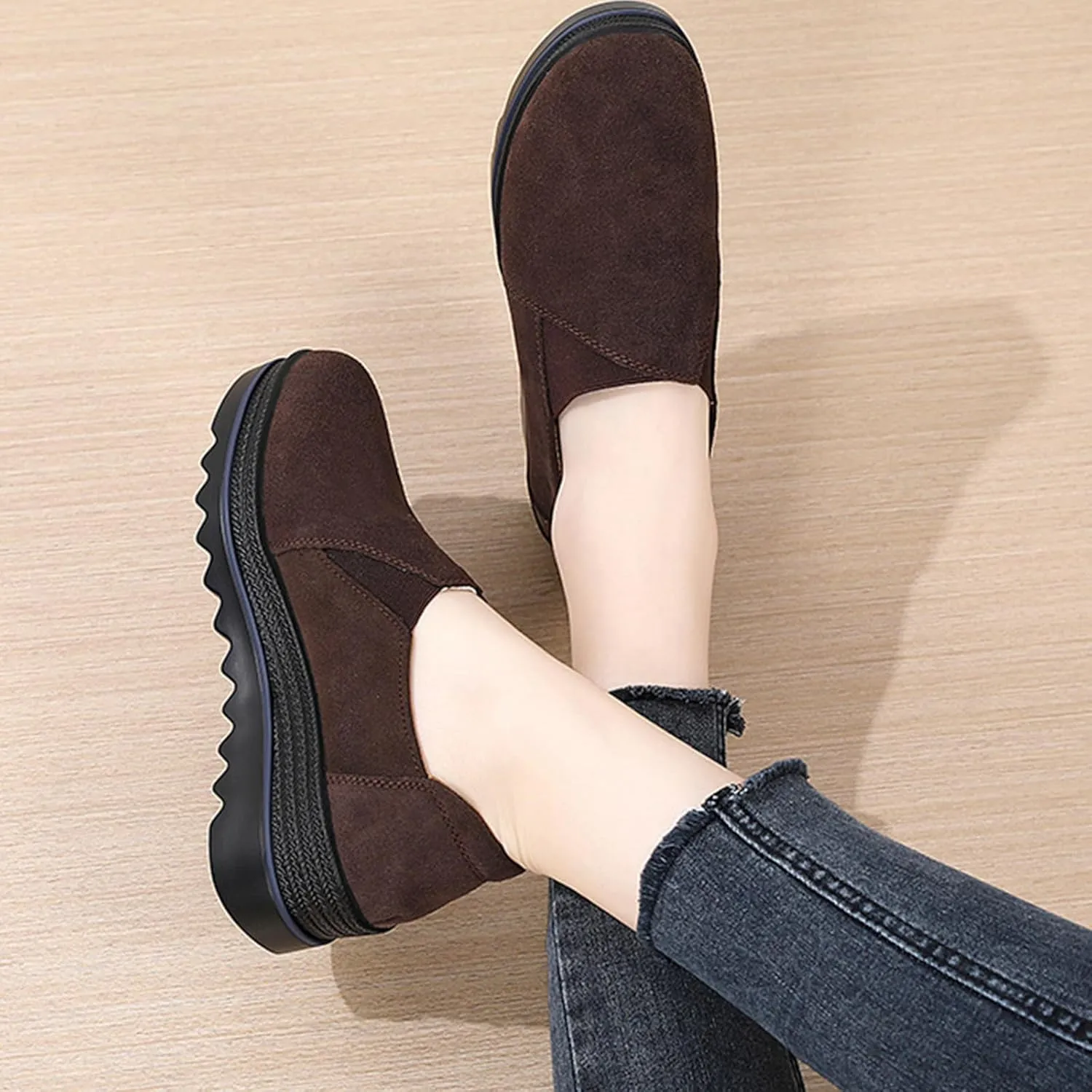 EnllerviiD Women's Platform Loafers Slip-On Comfortable Suede Moccasins Wedge Penny Loafers Thick Soft Platform Lightweight Casual Business Work Shoes