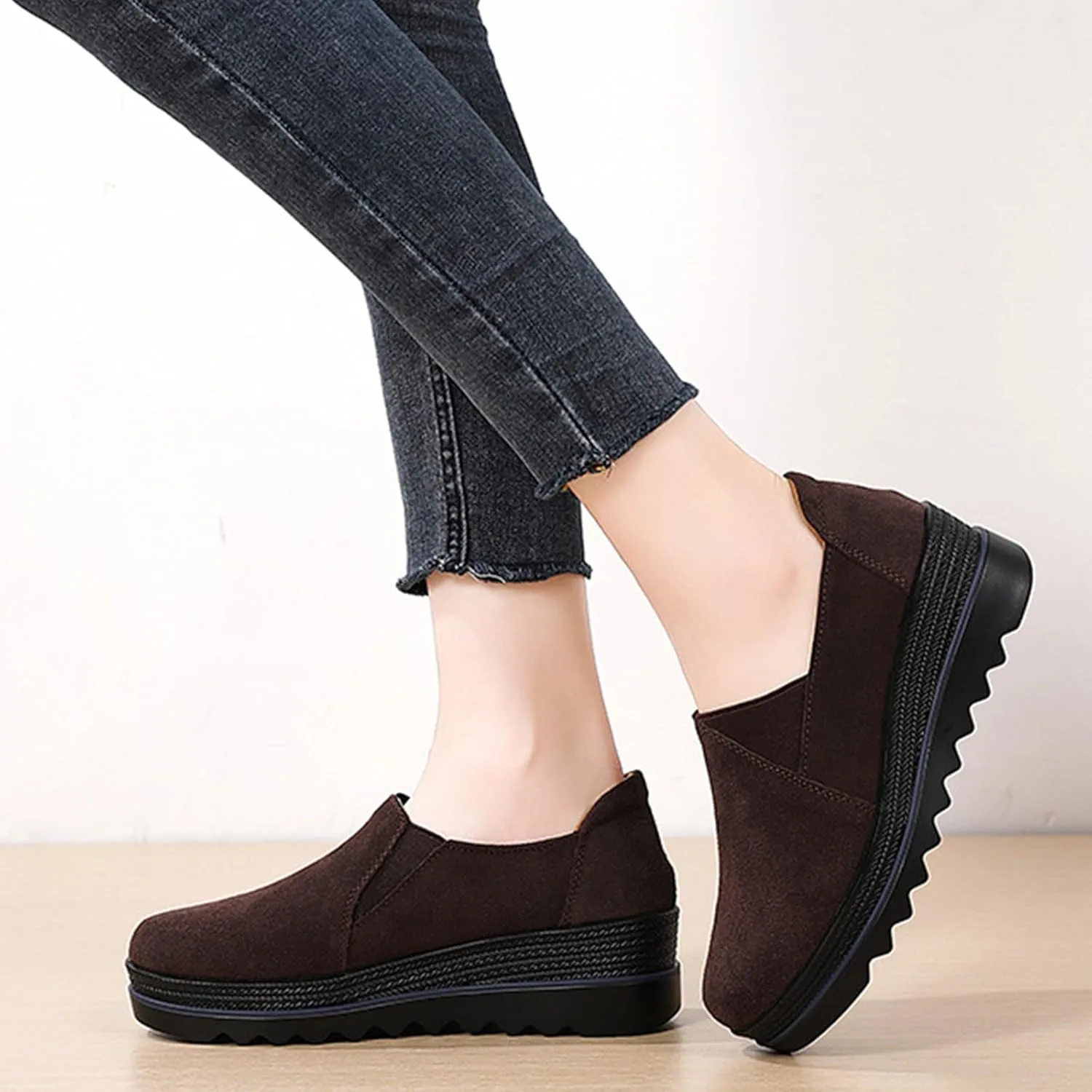 EnllerviiD Women's Platform Loafers Slip-On Comfortable Suede Moccasins Wedge Penny Loafers Thick Soft Platform Lightweight Casual Business Work Shoes