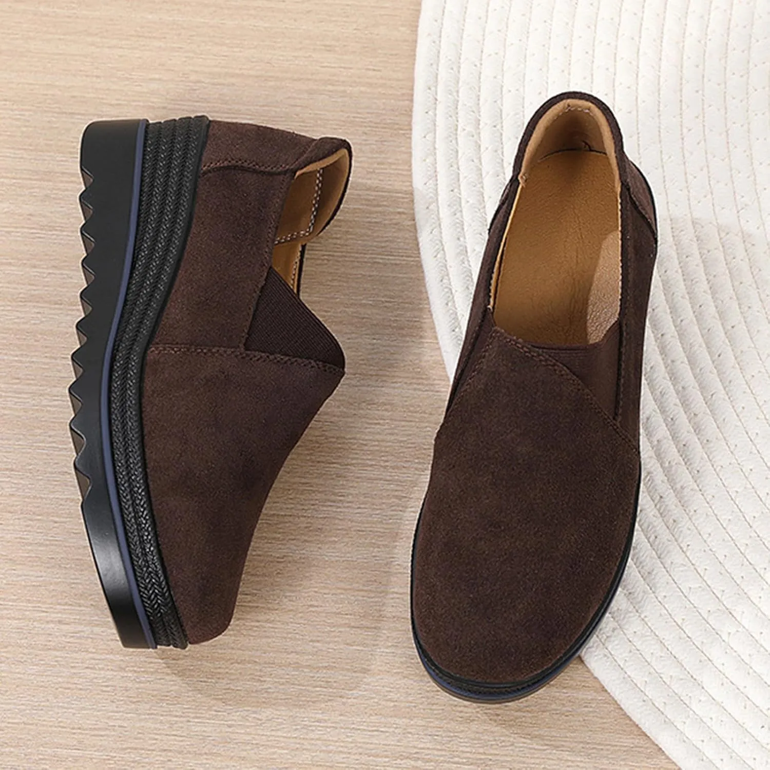 EnllerviiD Women's Platform Loafers Slip-On Comfortable Suede Moccasins Wedge Penny Loafers Thick Soft Platform Lightweight Casual Business Work Shoes