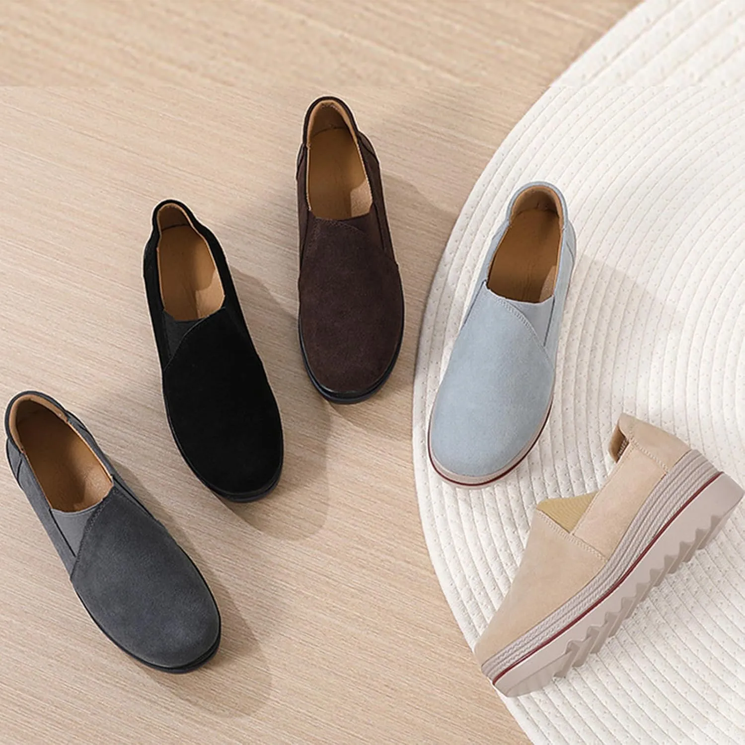 EnllerviiD Women's Platform Loafers Slip-On Comfortable Suede Moccasins Wedge Penny Loafers Thick Soft Platform Lightweight Casual Business Work Shoes