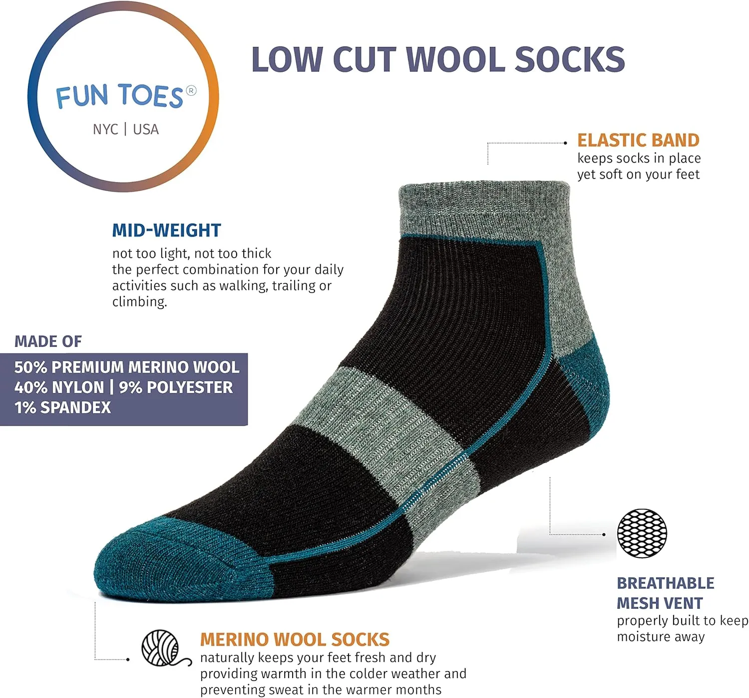 FUN TOES Low Cut Ankle Merino Wool Mens Hiking Running Socks Compression Arch Support Cushioned 6 Pairs