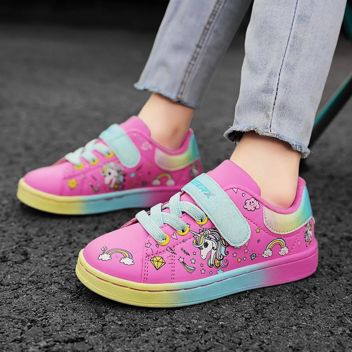 GEERX Toddler Girl Shoe Lightweight Casual Adjustable Strap Cute Unicorn Sneaker Comfortable for Walking Running (Infant/Toddler/Little Kid)