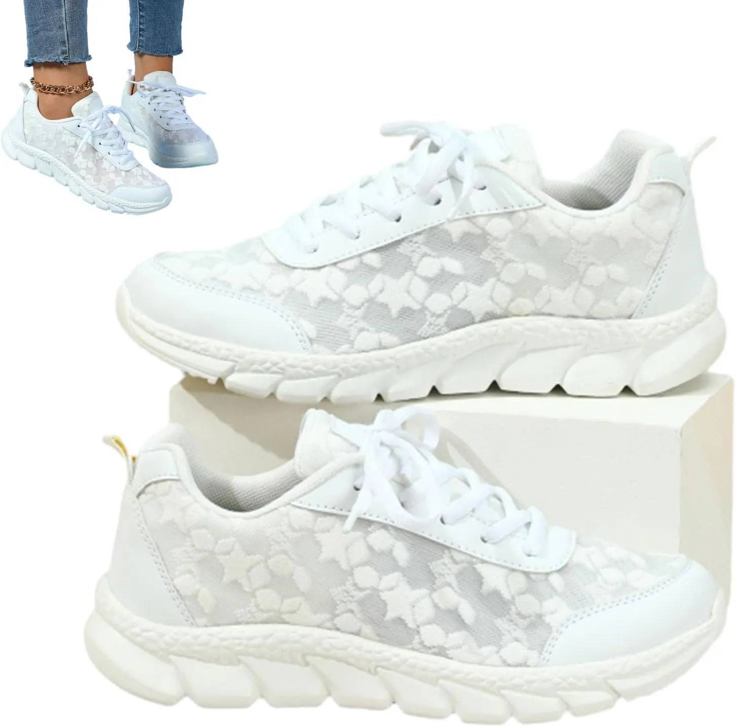 Hrtesus Women's Luxurious Orthopedic Sneakers, Hollow Breathable Mesh Shoes, Breathable Lace-up Round Toe Sneakers with Arch Support for Women