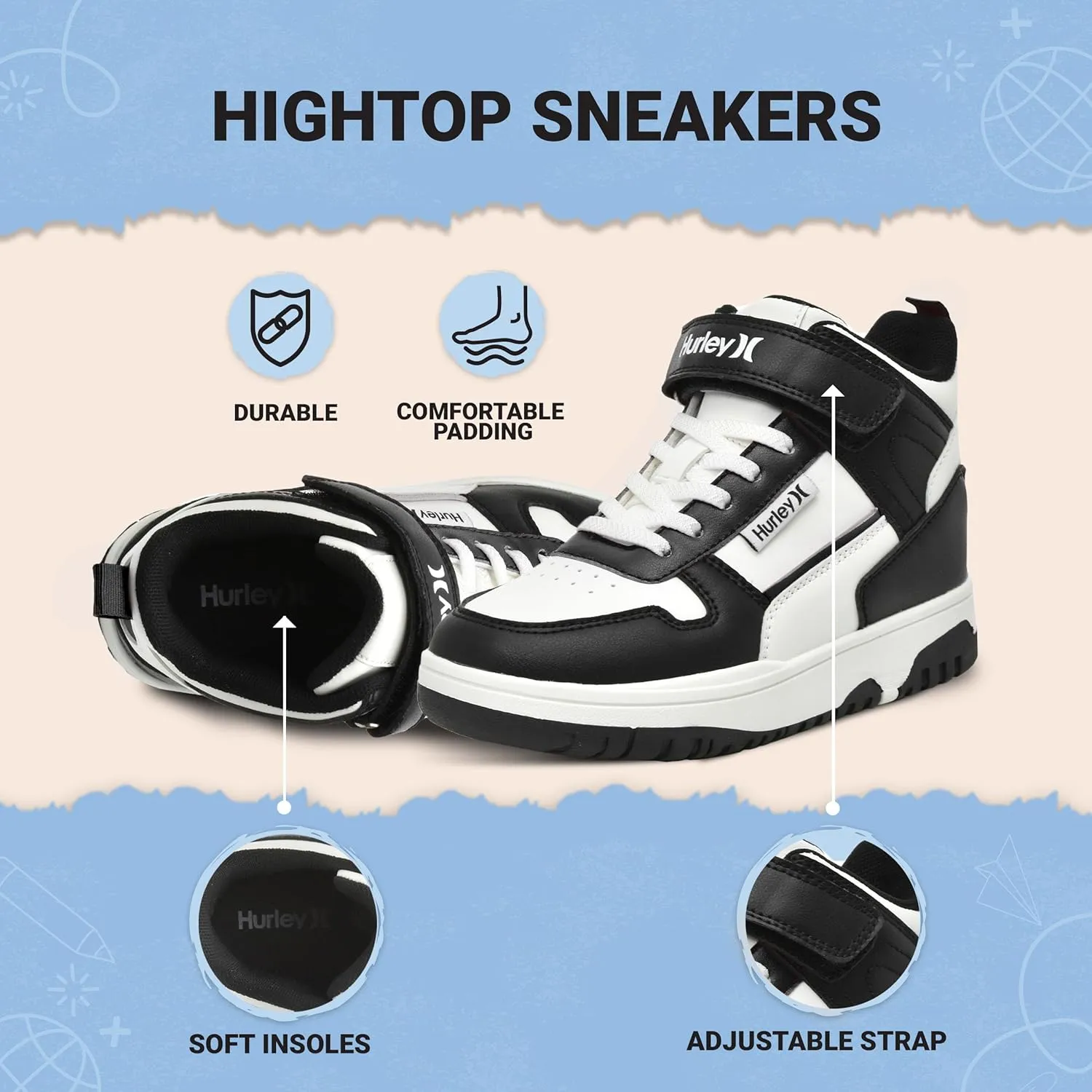 Hurley Kids' Carson High-Top Sneakers with Adjustable Strap, High Top Shoes for Kids, Sturdy Padded High Cut Sneakers for Boys and Girls, Fashionable Basketball Shoes for Kids