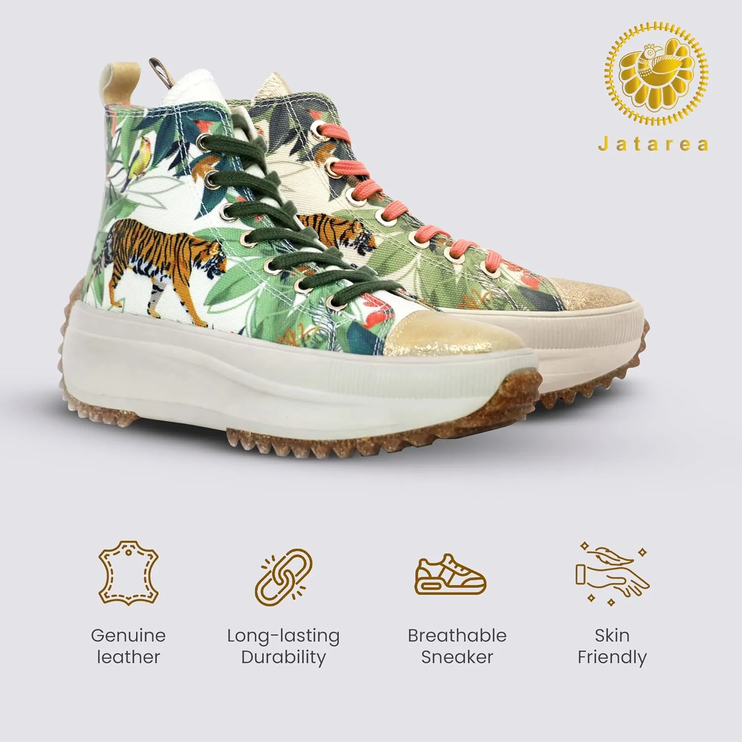 JATAREA Women's Fashion Sneakers – Genuine Leather Casual Shoes, Comfortable Cushioned Insole, TPR Rubber - Ethylene Vinyl Sole, Stylish Lifestyle, Lightweight & Durable Travel Sneakers