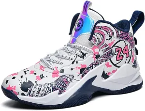 Kids Basketball Shoes, Leather Trendy Casual Sports Basketball Shoes Breathable Comfortable Boys Sneakers for Big Kids