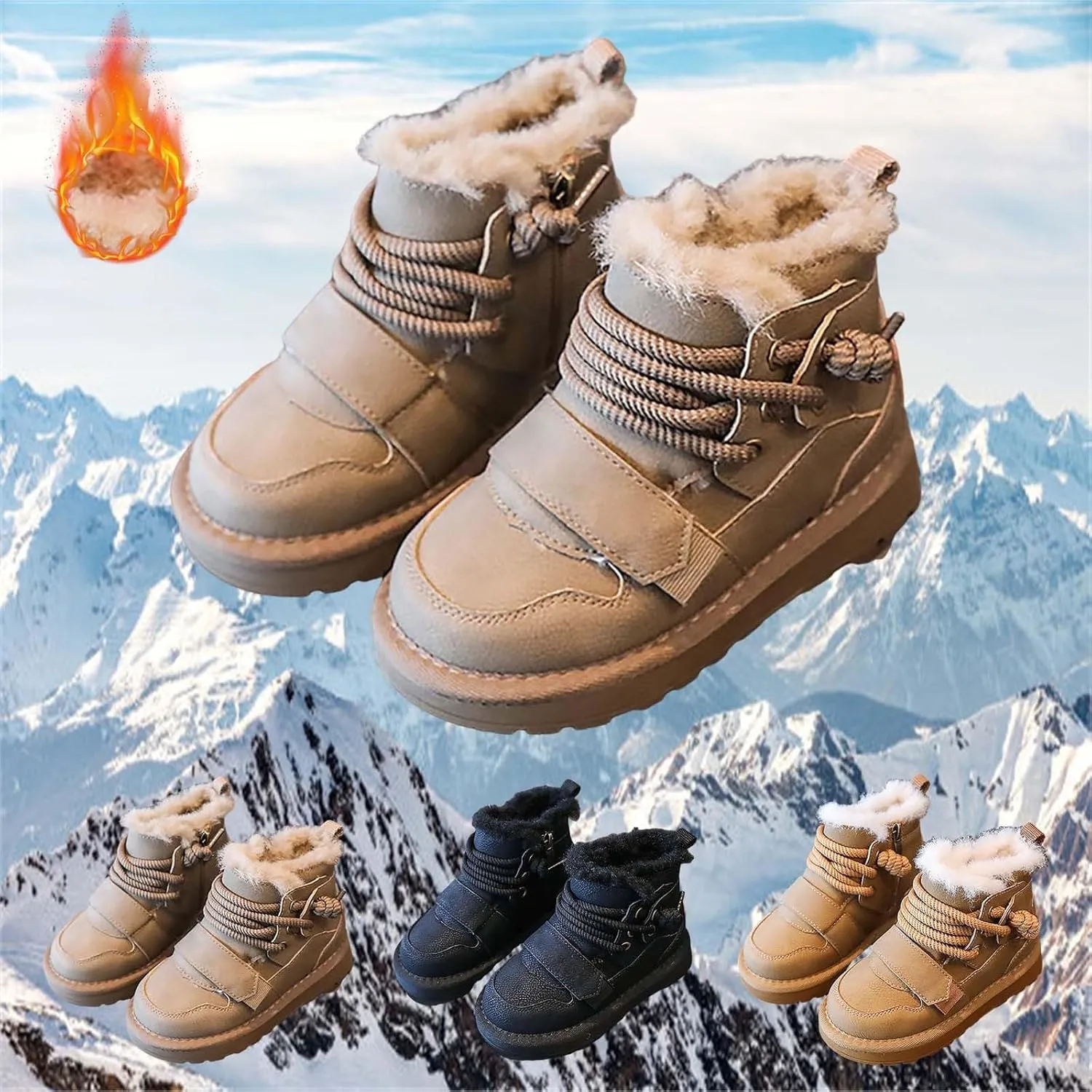 Kids Girls Boys Winter Snow Boots Fur Lined Warm Ankle Boots Non Slip Waterproof Outdoor Hiking Booties