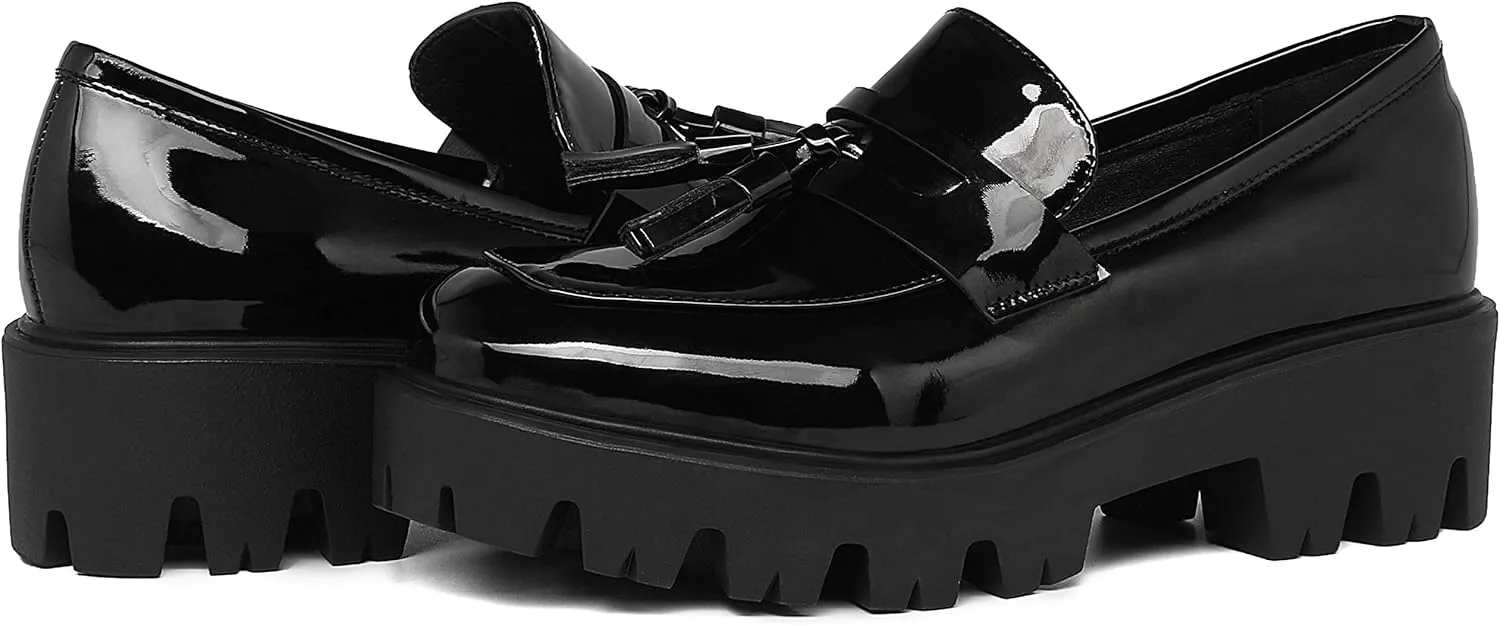 KISSASA Womens Tassel Platform Patent Chunky Heeled Loafers Slip On Uniform Dress Shoes