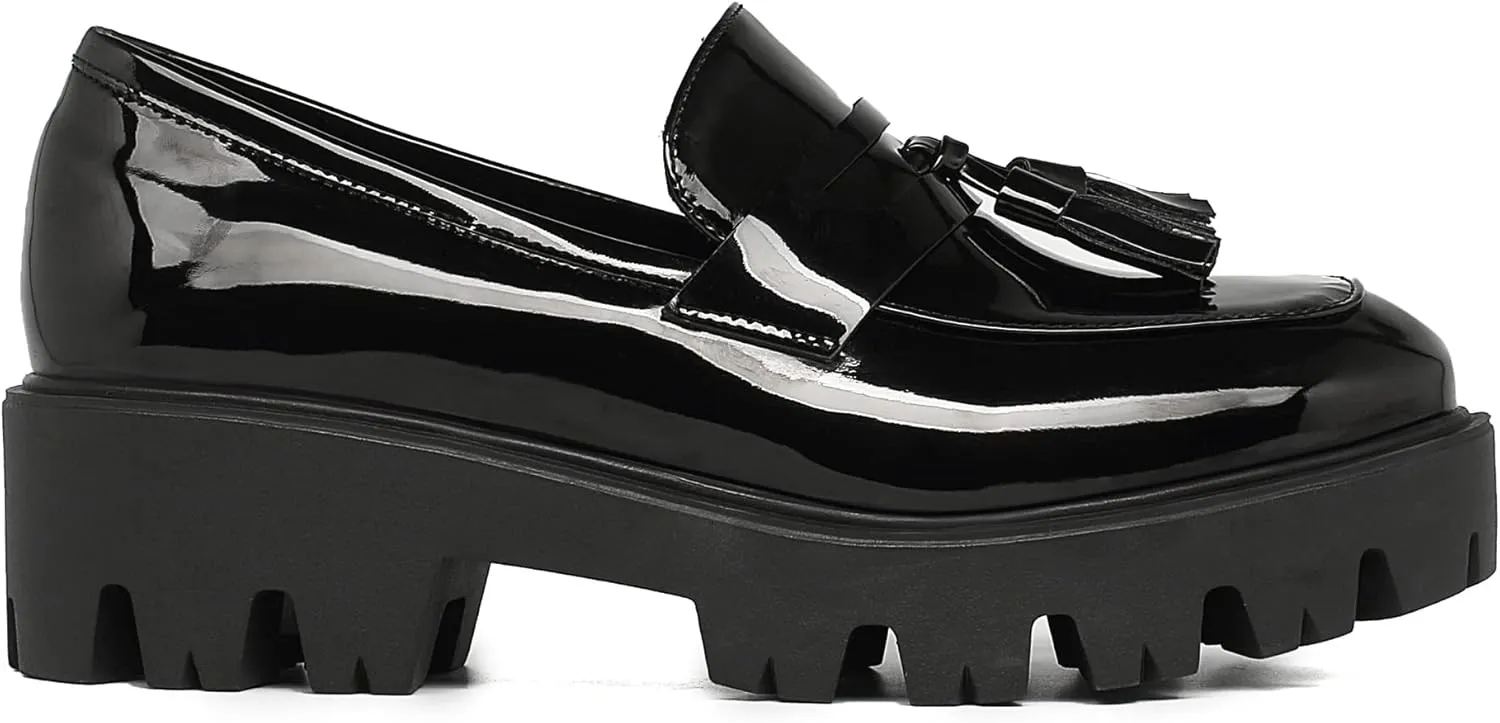 KISSASA Womens Tassel Platform Patent Chunky Heeled Loafers Slip On Uniform Dress Shoes