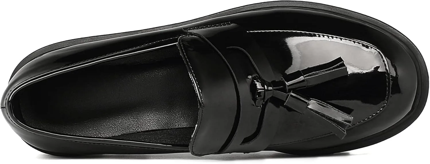 KISSASA Womens Tassel Platform Patent Chunky Heeled Loafers Slip On Uniform Dress Shoes