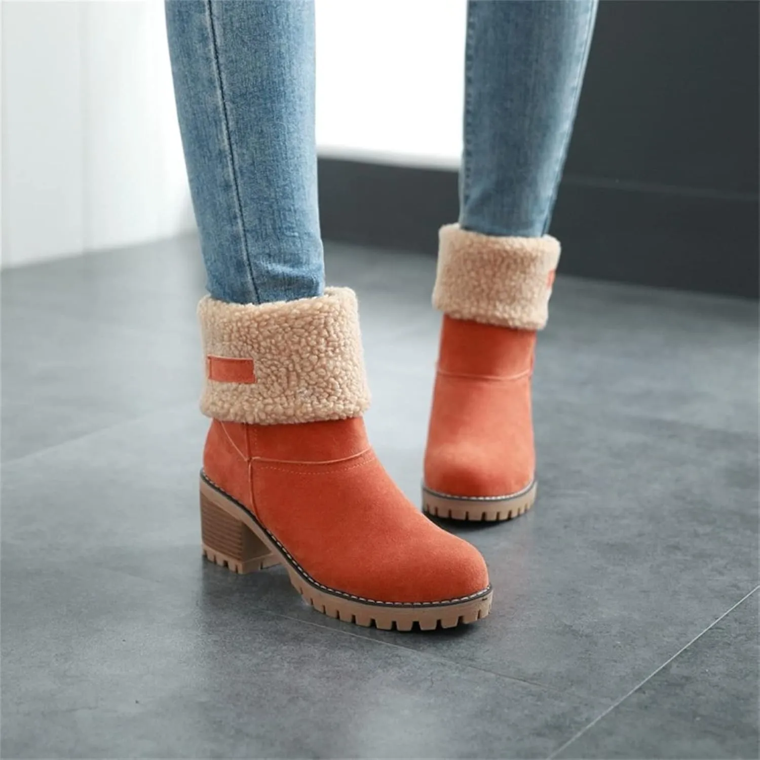 Ladmiple Snow Boots For Women Cute Tall Mid Calf Warm Fur Lined Winter Boots Outdoor Fashion Slip On Walking Ankle Booties