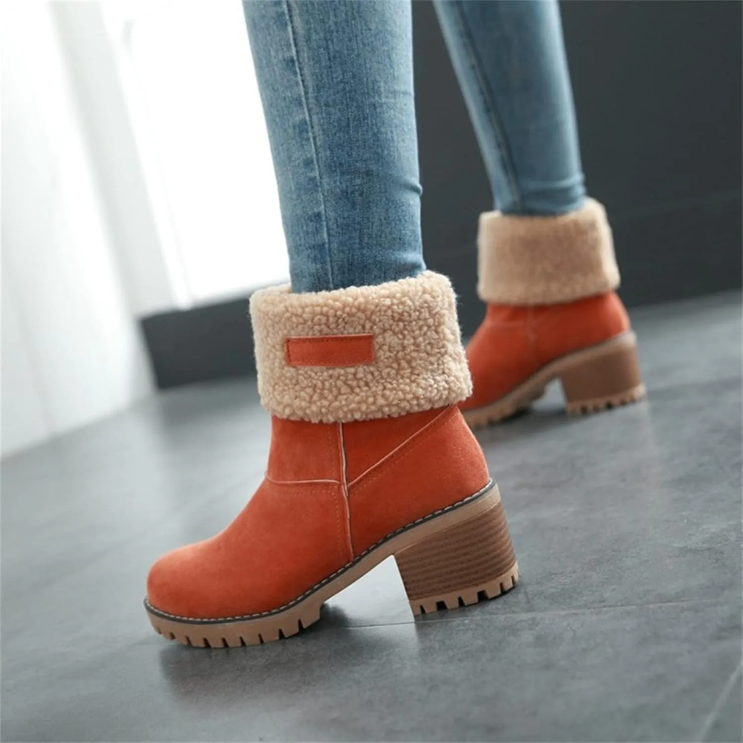 Ladmiple Snow Boots For Women Cute Tall Mid Calf Warm Fur Lined Winter Boots Outdoor Fashion Slip On Walking Ankle Booties