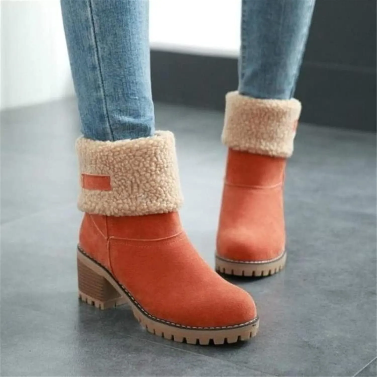 Ladmiple Snow Boots For Women Cute Tall Mid Calf Warm Fur Lined Winter Boots Outdoor Fashion Slip On Walking Ankle Booties