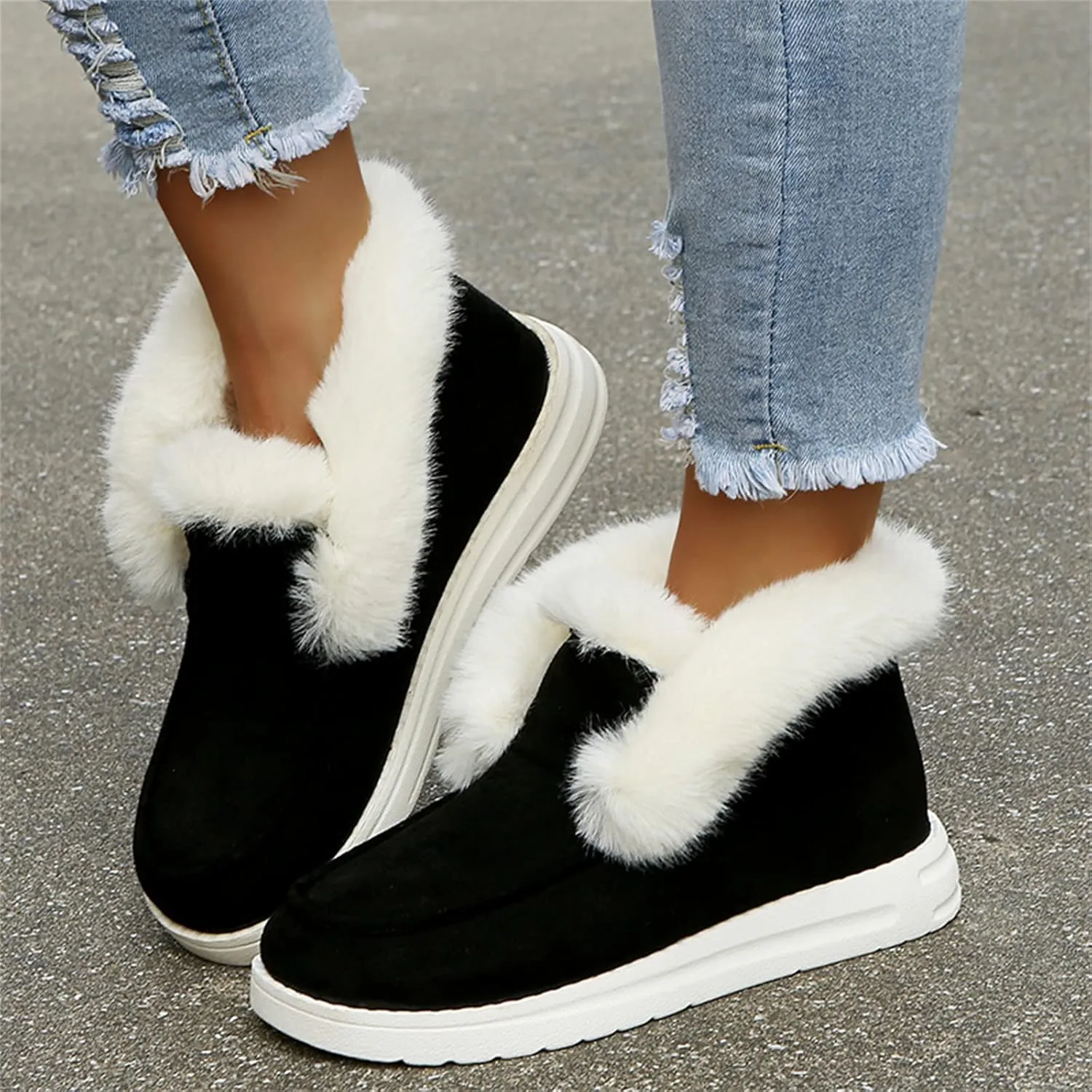 Lausiuoe Womens Winter Boots With Fur Lined Warm Snow Fuzzy Ankle Booties Flat Cute Silp On Comfortable Casual Loafers