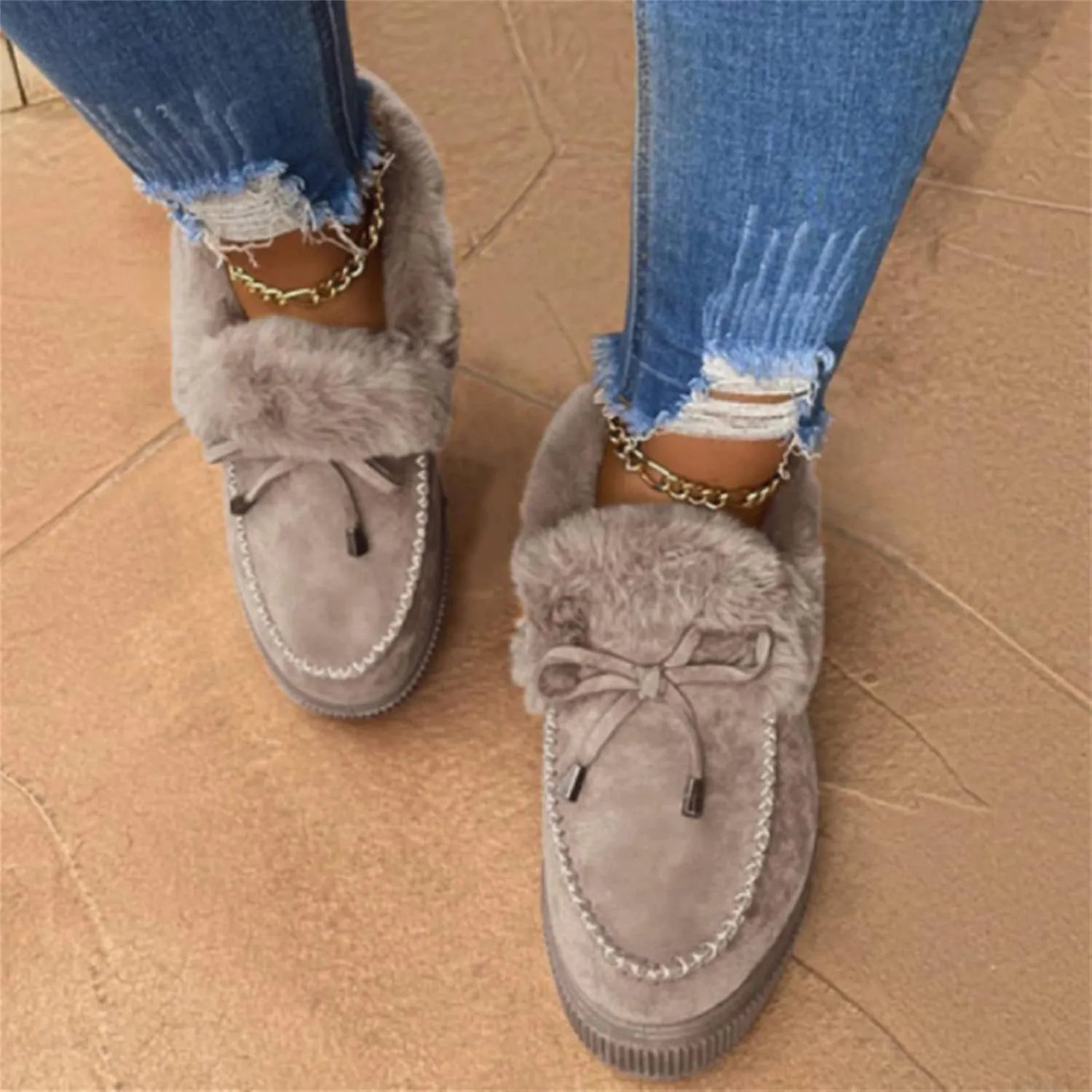 Lausiuoe Womens Winter Boots With Fur Lined Warm Snow Fuzzy Ankle Booties Flat Cute Silp On Comfortable Casual Loafers