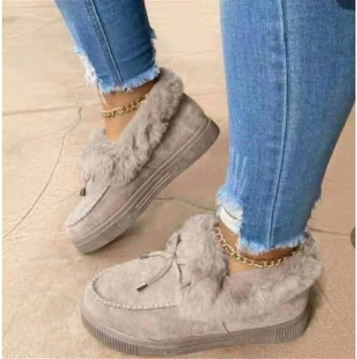 Lausiuoe Womens Winter Boots With Fur Lined Warm Snow Fuzzy Ankle Booties Flat Cute Silp On Comfortable Casual Loafers