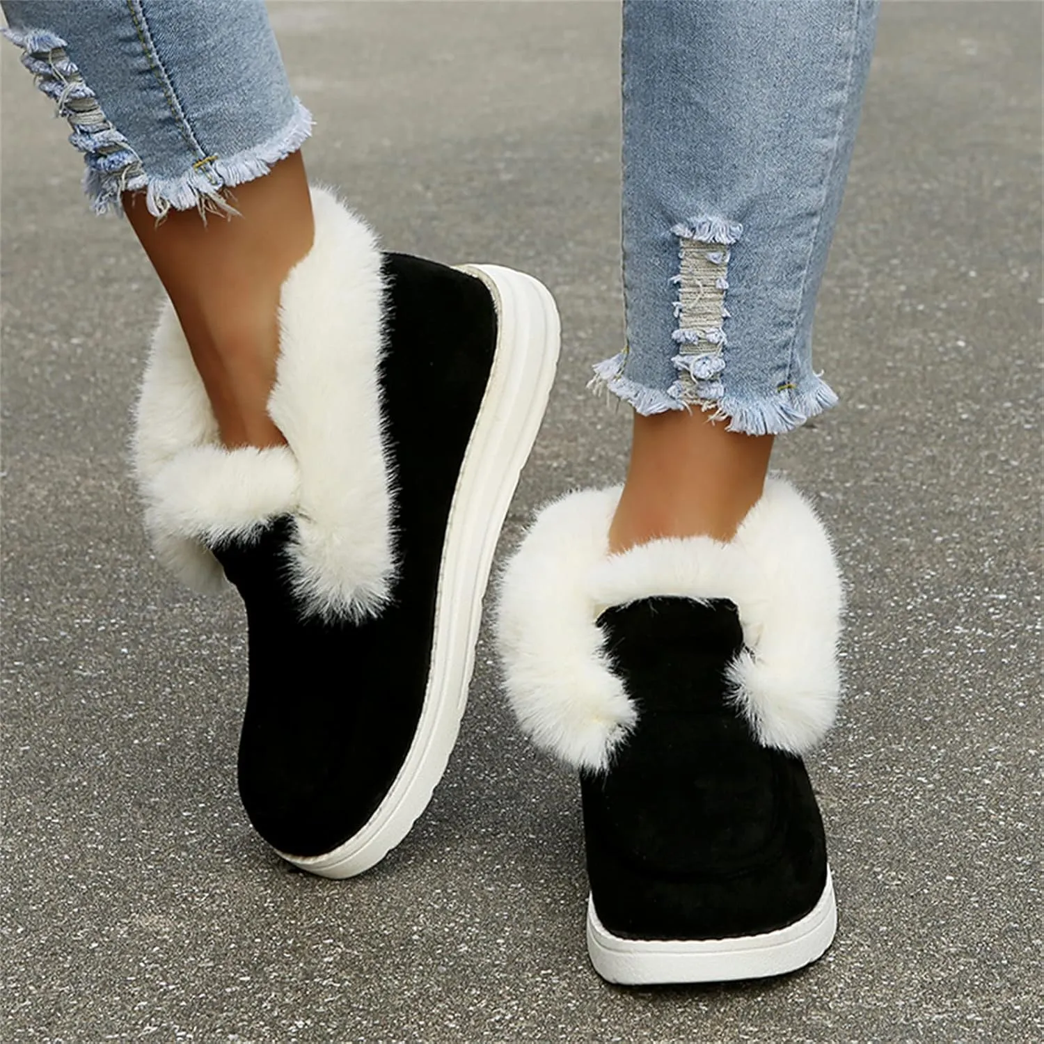 Lausiuoe Womens Winter Boots With Fur Lined Warm Snow Fuzzy Ankle Booties Flat Cute Silp On Comfortable Casual Loafers