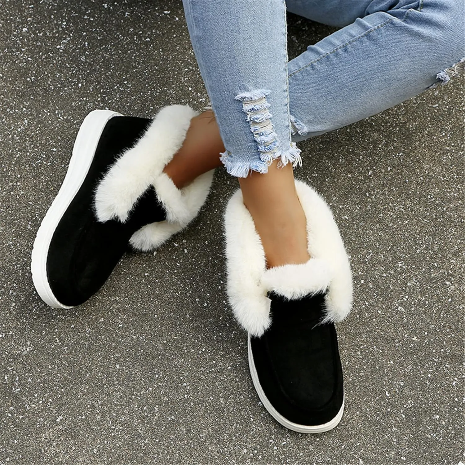 Lausiuoe Womens Winter Boots With Fur Lined Warm Snow Fuzzy Ankle Booties Flat Cute Silp On Comfortable Casual Loafers