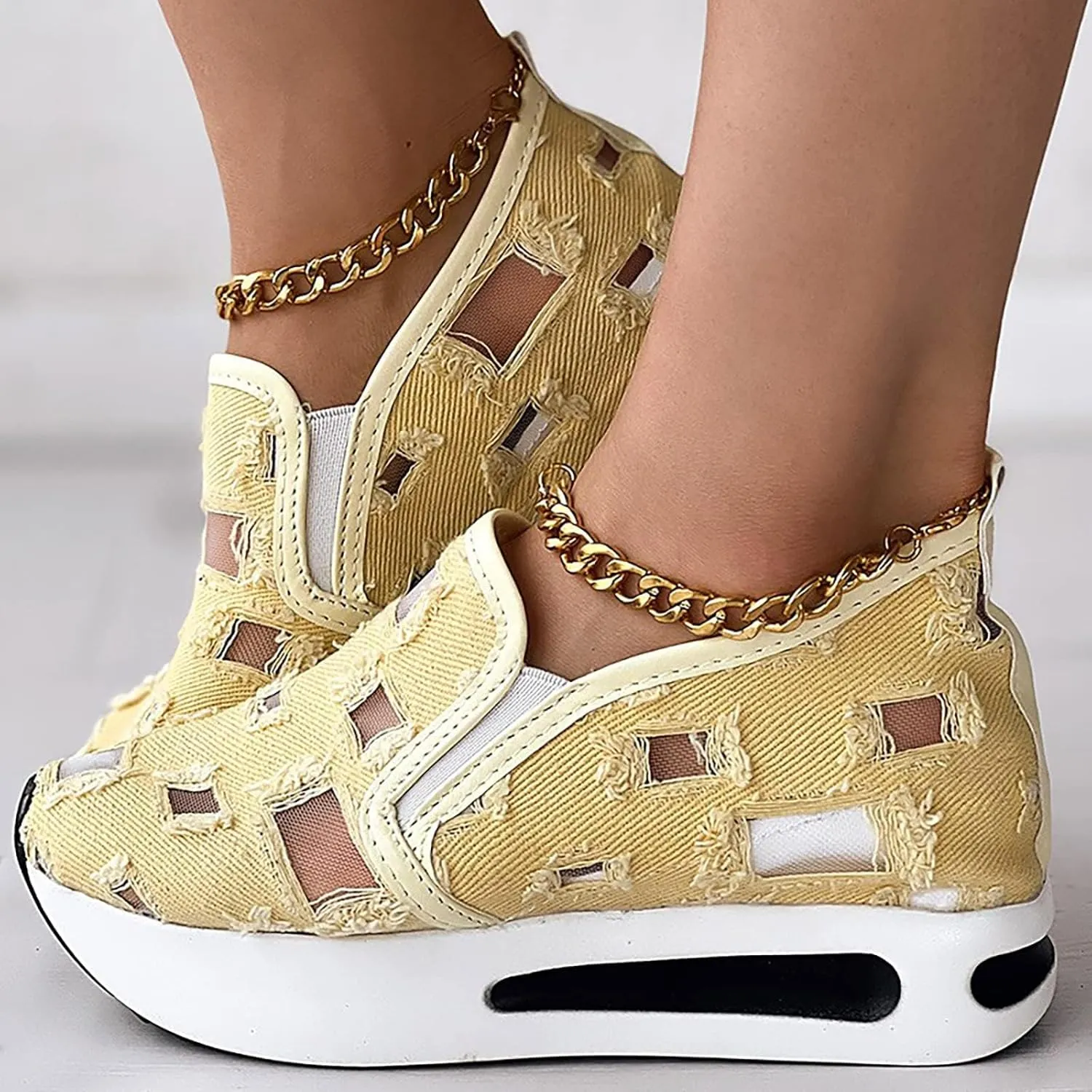 Loafers for Women Platform Wedge Sneakers Floral Embroidery Breathable Mesh Sneakers Lightweight Breathable Slip On Softsole Walking Shoes