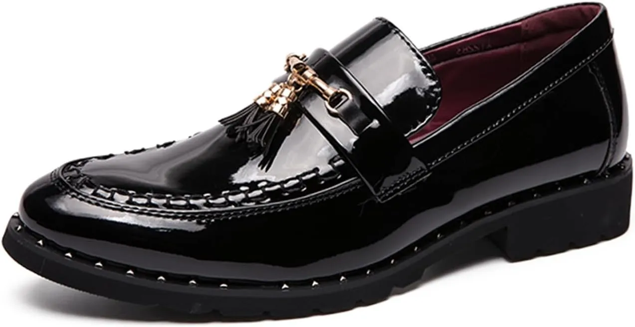 Men's Black Patent Leather Slip-On Tassel Loafers Business Dress Causal Party Wedding Shoes Prom Glitter Gold Buckle Shoes
