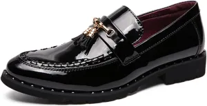 Men's Black Patent Leather Slip-On Tassel Loafers Business Dress Causal Party Wedding Shoes Prom Glitter Gold Buckle Shoes