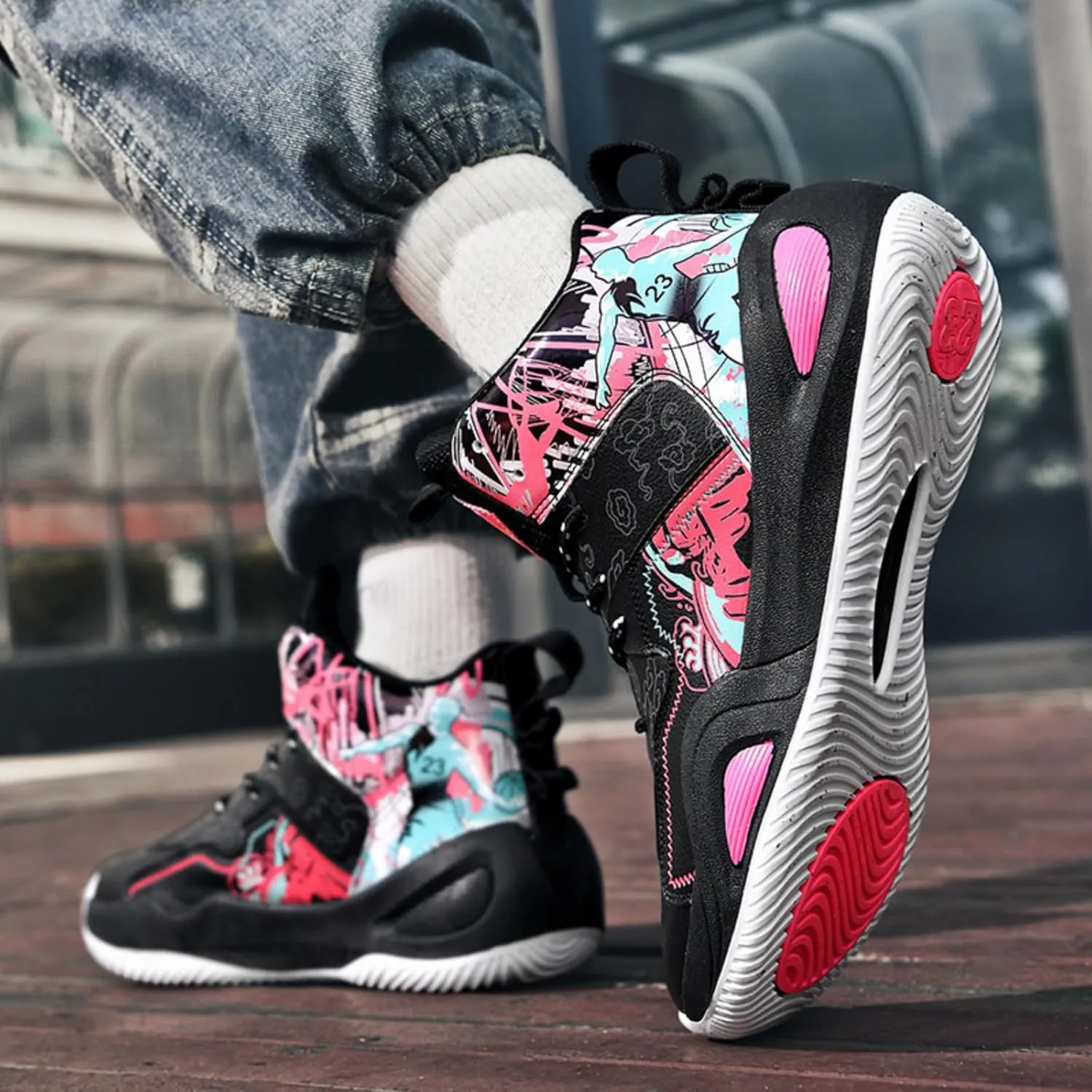 Men's Breathable Mesh Lace Up Basketball Shoes Fashion Non-Slip High-Top Sneakers Casual Gym Sports Tennis Jogging Running Walking Shoes