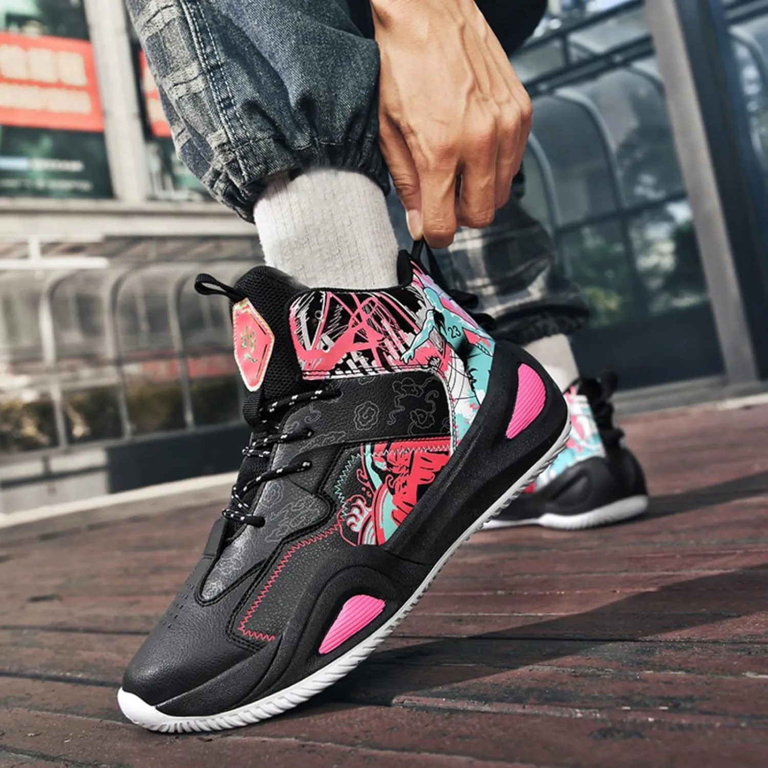 Men's Breathable Mesh Lace Up Basketball Shoes Fashion Non-Slip High-Top Sneakers Casual Gym Sports Tennis Jogging Running Walking Shoes