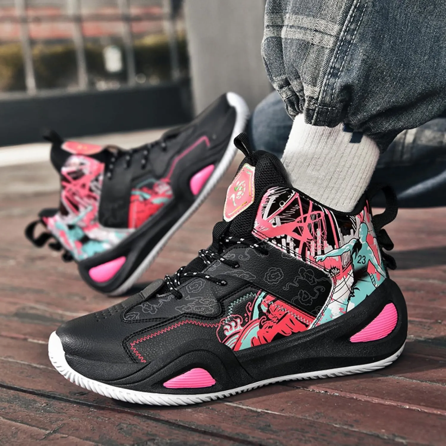 Men's Breathable Mesh Lace Up Basketball Shoes Fashion Non-Slip High-Top Sneakers Casual Gym Sports Tennis Jogging Running Walking Shoes