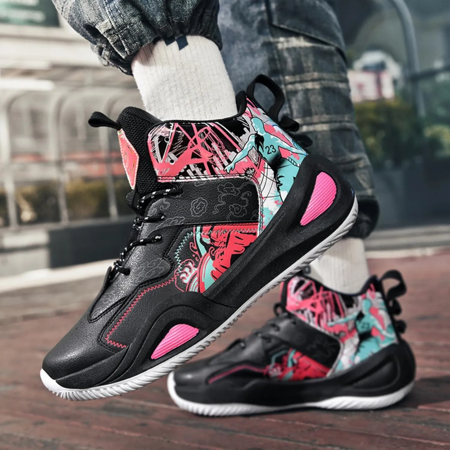 Men's Breathable Mesh Lace Up Basketball Shoes Fashion Non-Slip High-Top Sneakers Casual Gym Sports Tennis Jogging Running Walking Shoes