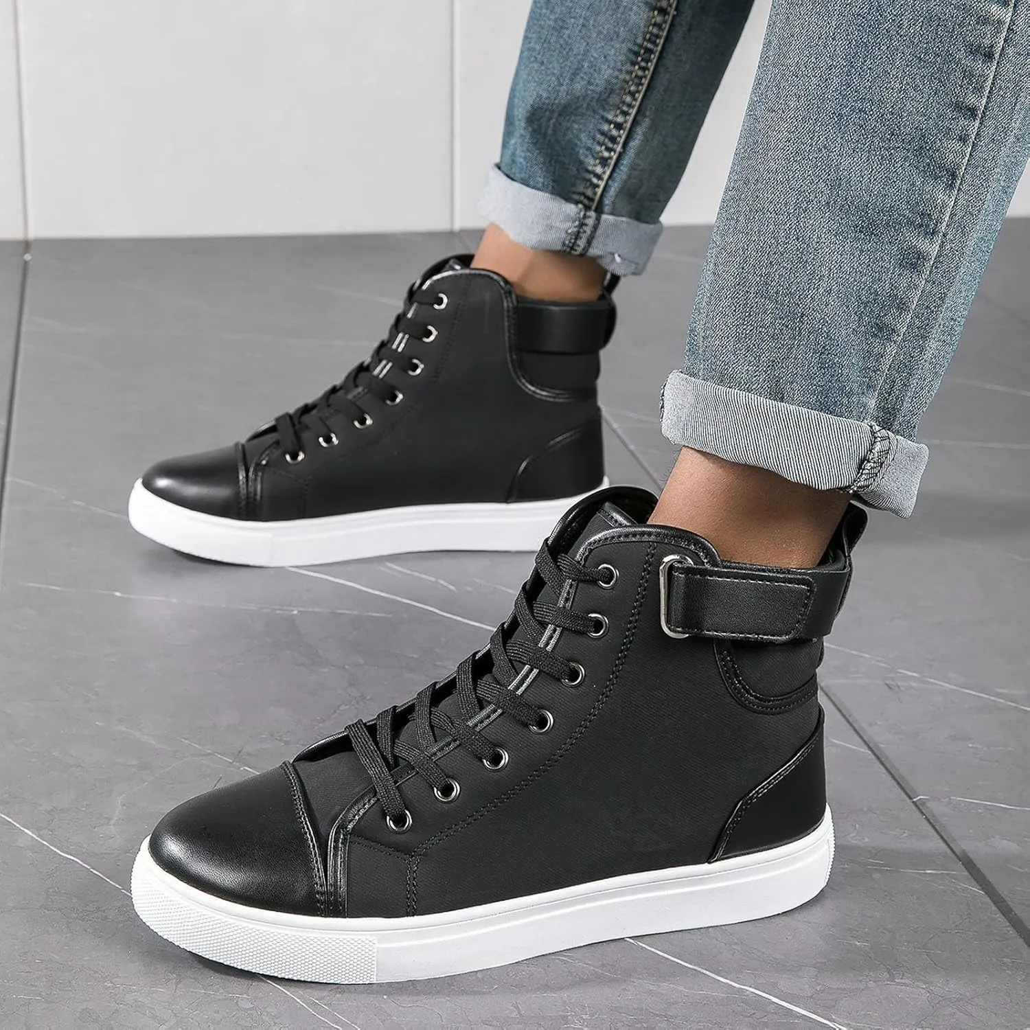 Men's High Top Board Shoes Leather Non Slip Walking Shoes Casual Lace Up Arch Support Shoes Mens Sneaker Boots Size 12