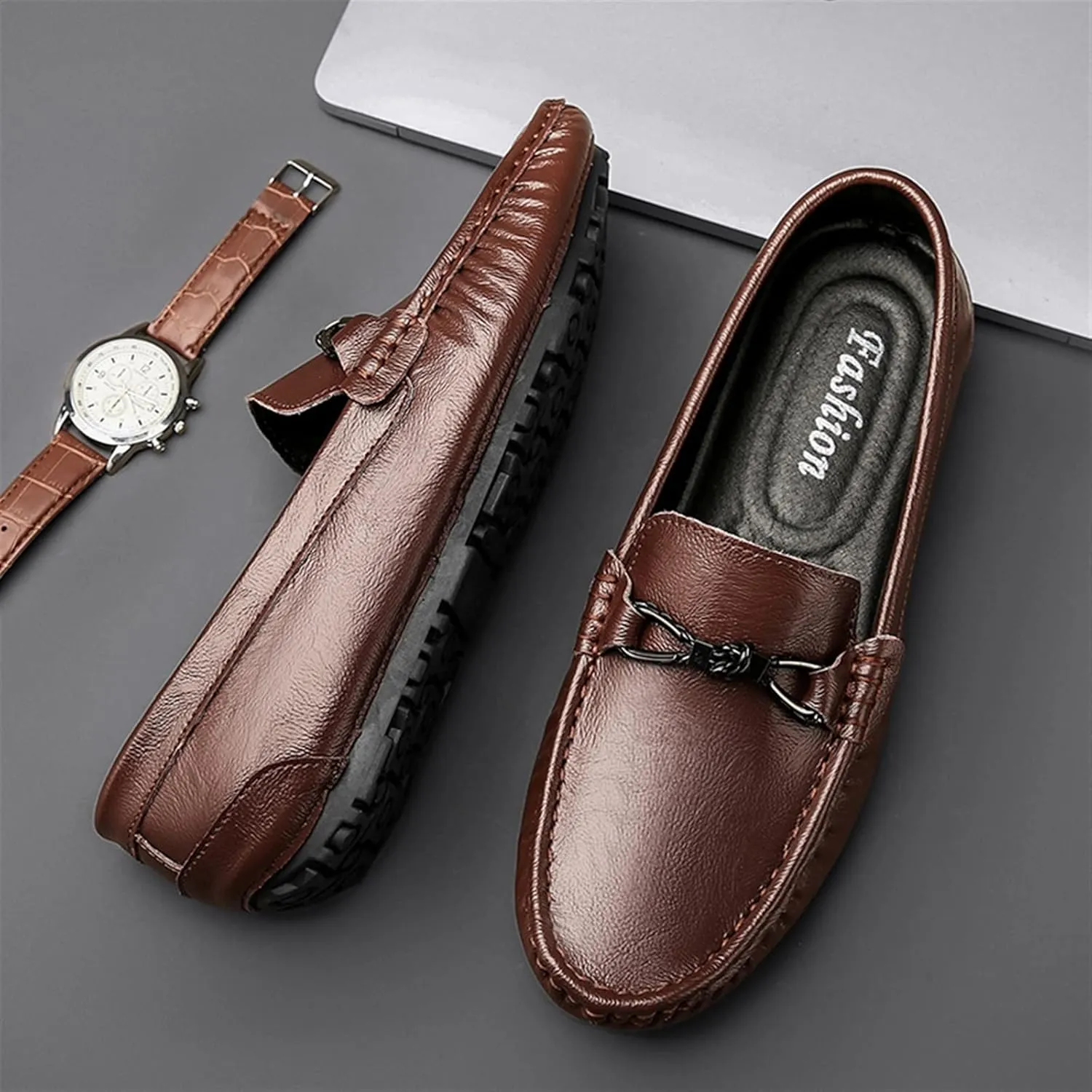 Mens Loafers Shoe Lightweight Simple Driving Loafers Leather Comfortable Lightweight Resistant Prom Walking Slip On