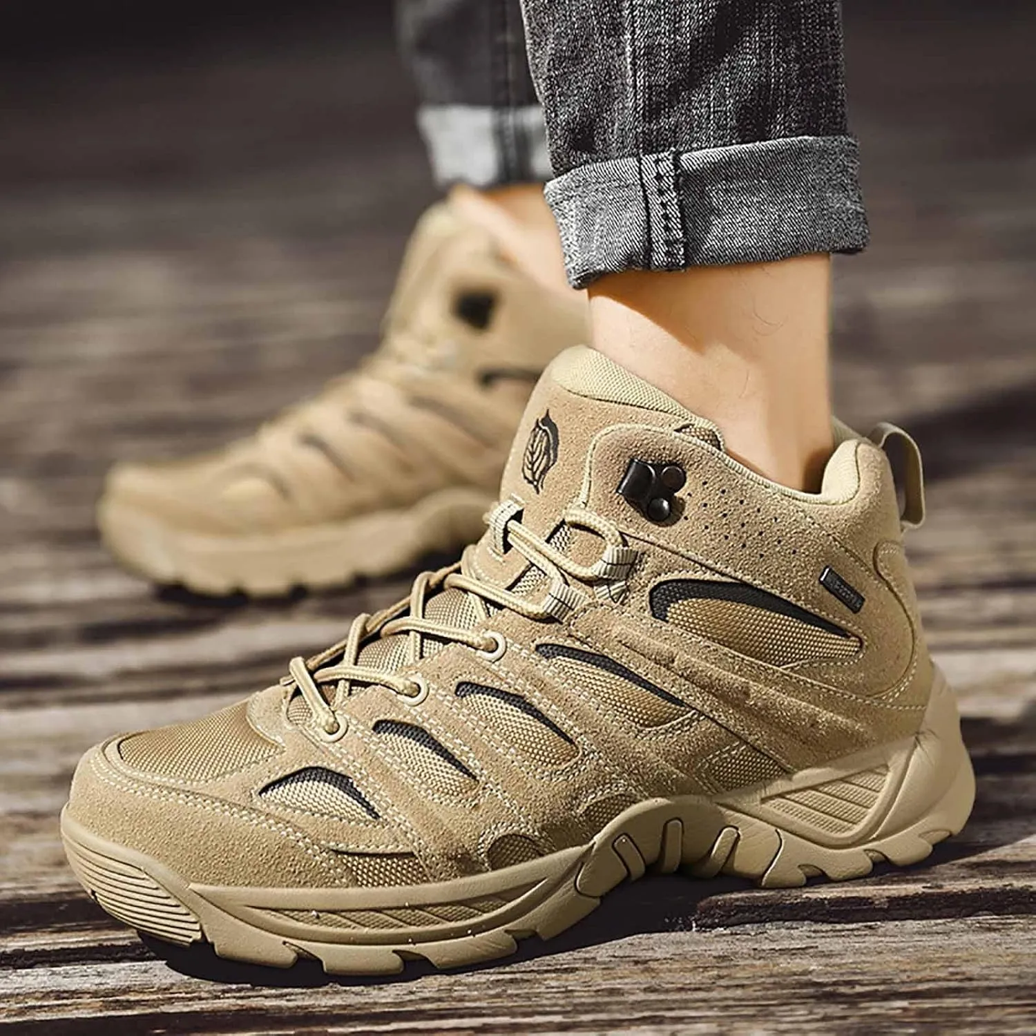 Men's Military Tactical Work Boots, Leather Motorcycle Combat Boots, Lightweight Non-Slip Hiking Boots for Men, breathable jungle Desert Combat Boots, Outdoor Boots
