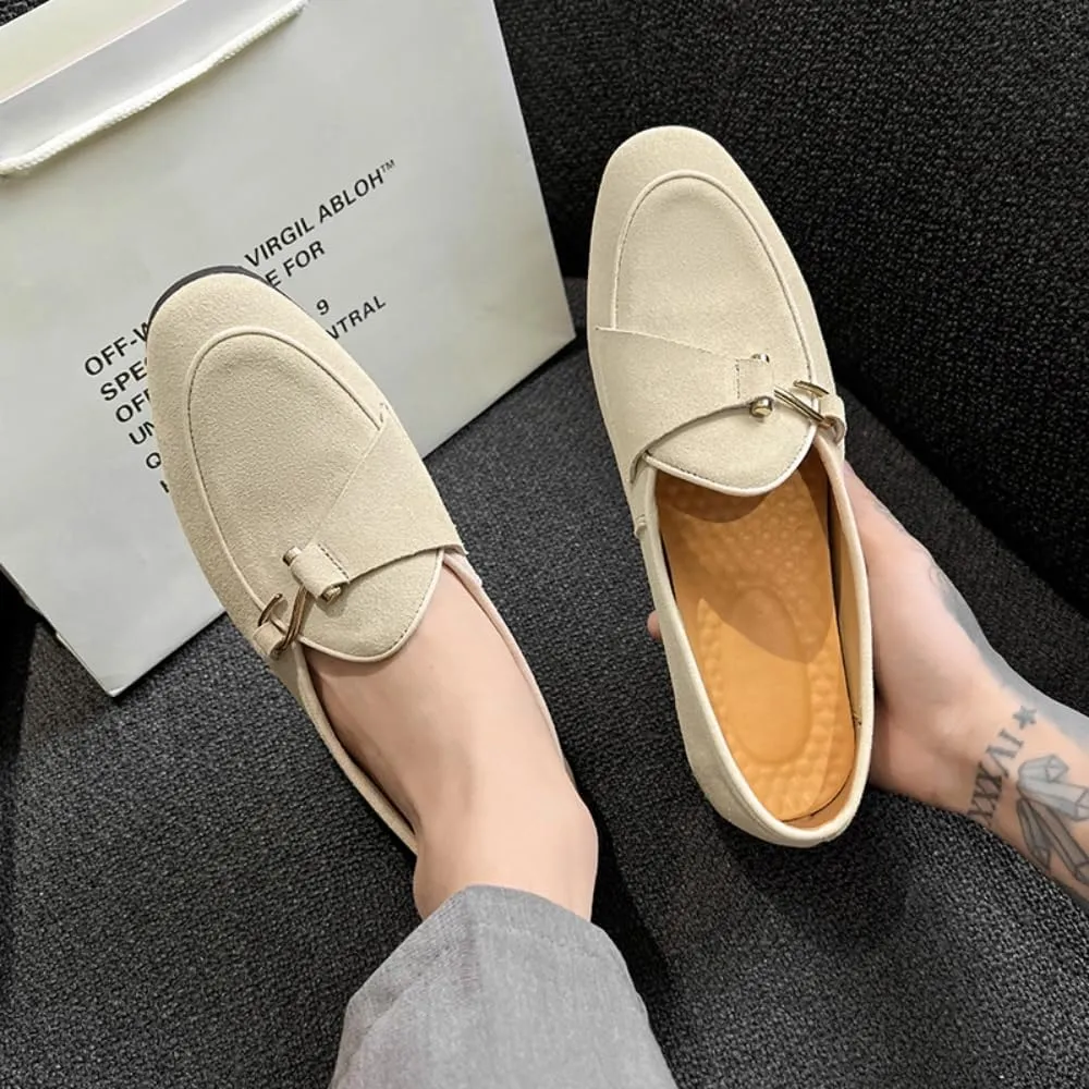 Mens Penny Loafers, Genuine Leather Suede Loafers Men Slip-On, Unisex Low Heel Comfort Metal Buckle Moccasins Slippers