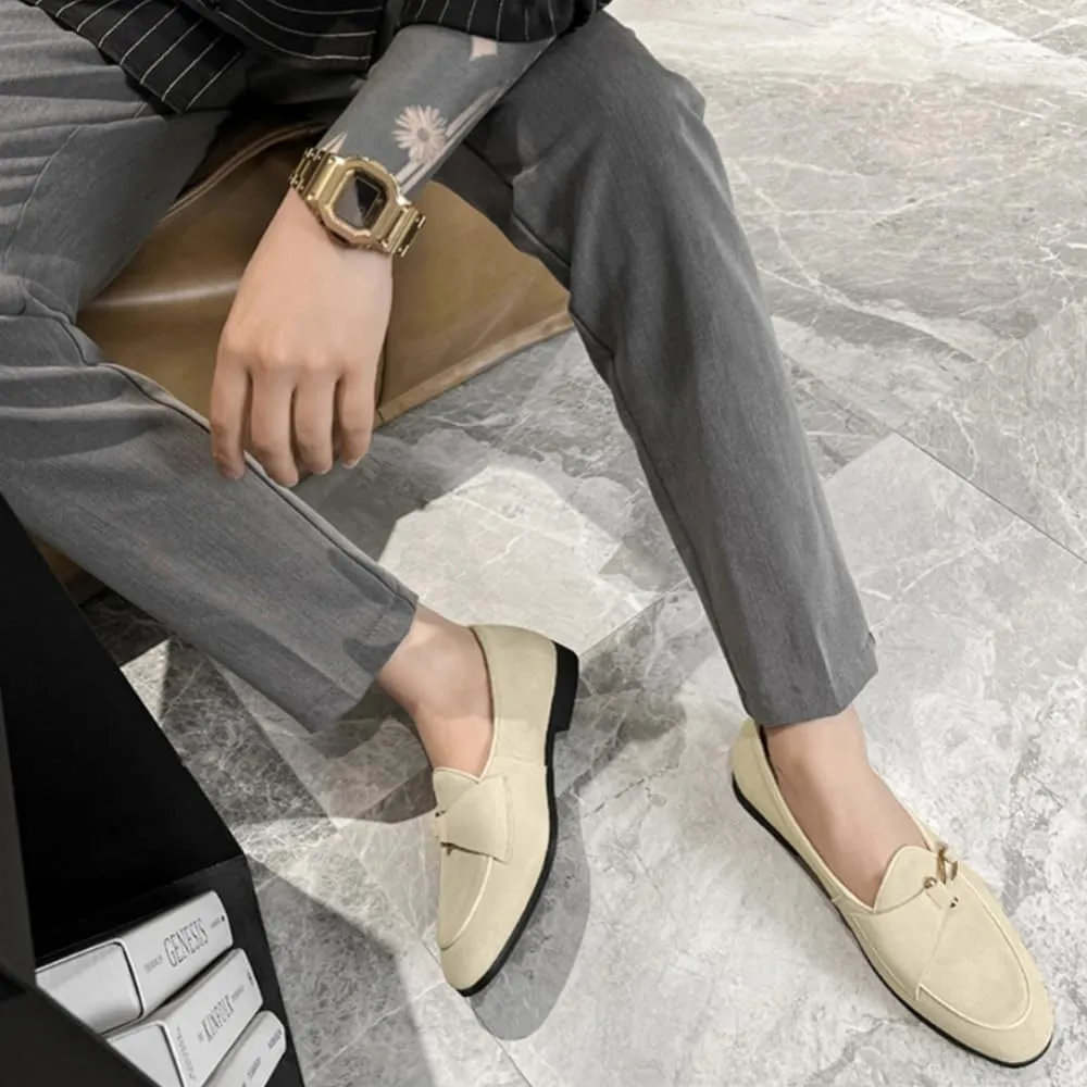Mens Penny Loafers, Genuine Leather Suede Loafers Men Slip-On, Unisex Low Heel Comfort Metal Buckle Moccasins Slippers