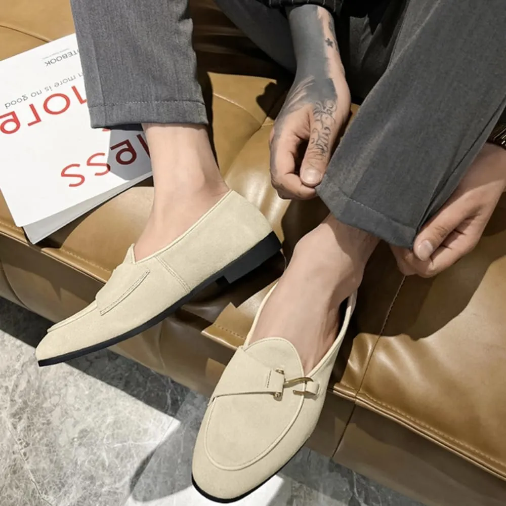 Mens Penny Loafers, Genuine Leather Suede Loafers Men Slip-On, Unisex Low Heel Comfort Metal Buckle Moccasins Slippers