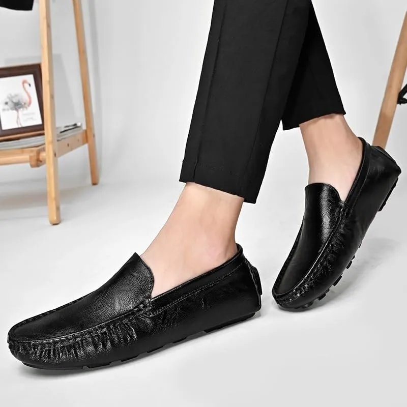 Mens PU Leather Loafers Driving Moccasins Shoes Flat Heel Comfortable Lightweight Fashion Walking Slip-On Smoking Shoes