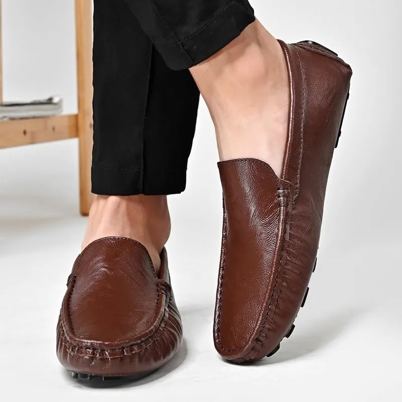 Mens PU Leather Loafers Driving Moccasins Shoes Flat Heel Comfortable Lightweight Fashion Walking Slip-On Smoking Shoes